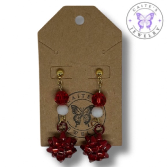 Handmade Jewelry - Handmade Gold Stud Earrings with Red Christmas Bow Charms